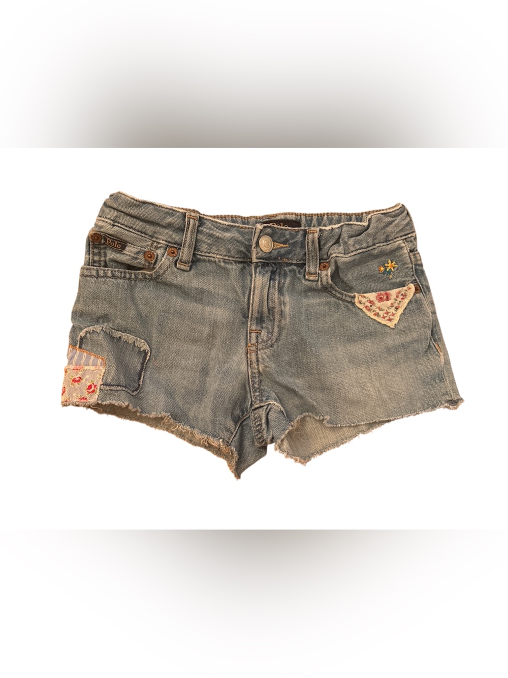 POLO Ralph Lauren GIRLS denim patch work jean shorts medium (8-10)